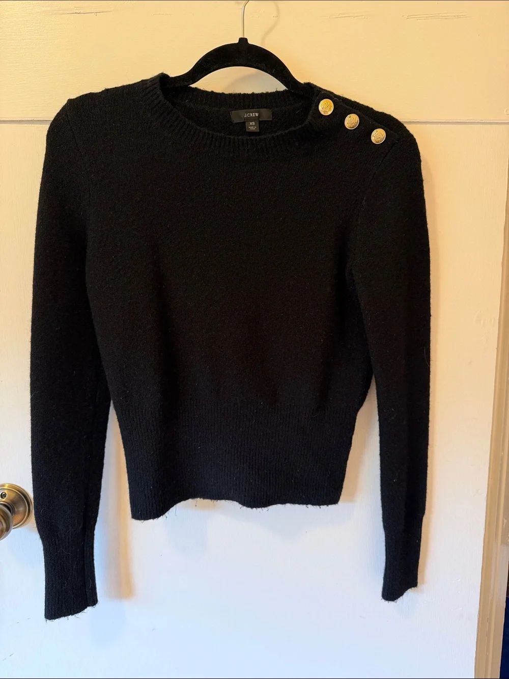 J. Crew Black Crewneck Sweater with Gold Buttons XS
